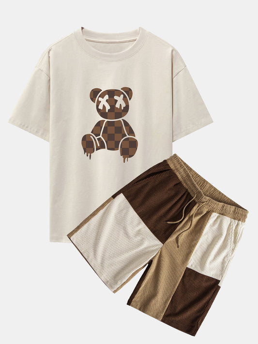 Checkerboard Dissolving Bear Drop Shoulder Oversize T-Shirt & Colorblock Corduroy Shorts